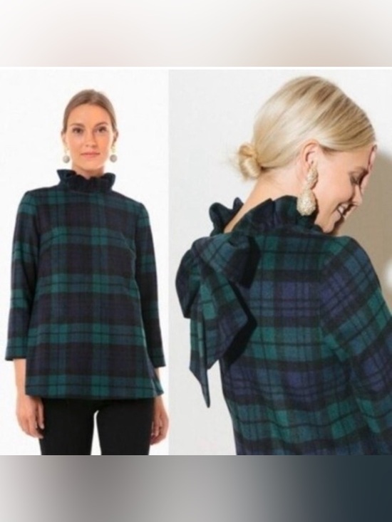 Tuckernuck Tops - Tuckernuck Daphne Ruffle Tie-Back Wool Blend Top Blackwatch Plaid Small Preppy